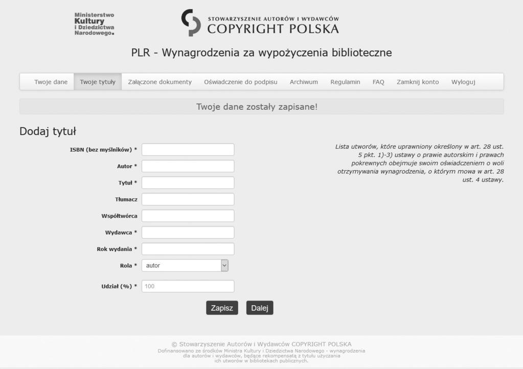 Wypłata wynagrodzenia z tytułu public lending right krokach załączyć kopię tej umowy.