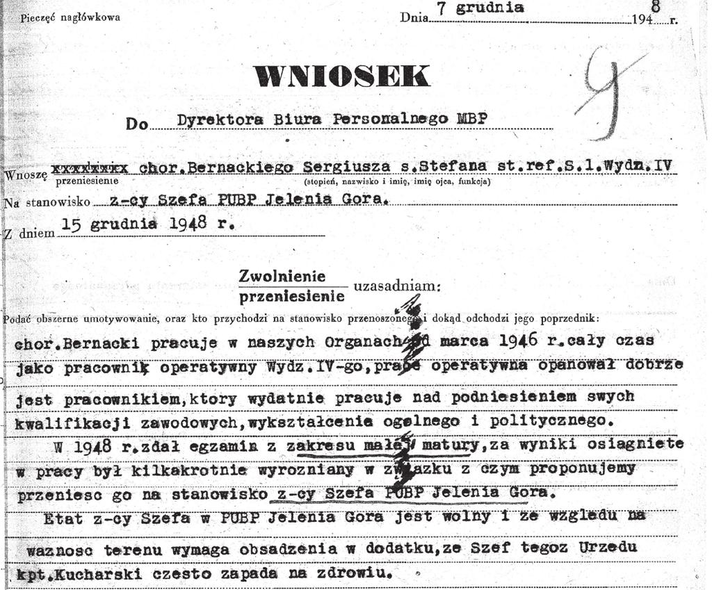 Perspektywy badań nad historią Jeleniej Góry w kontekście materiałów zgromadzonych w archiwum IPN Wniosek o przeniesienie Sergiusza Bernackiego z 1948 r.