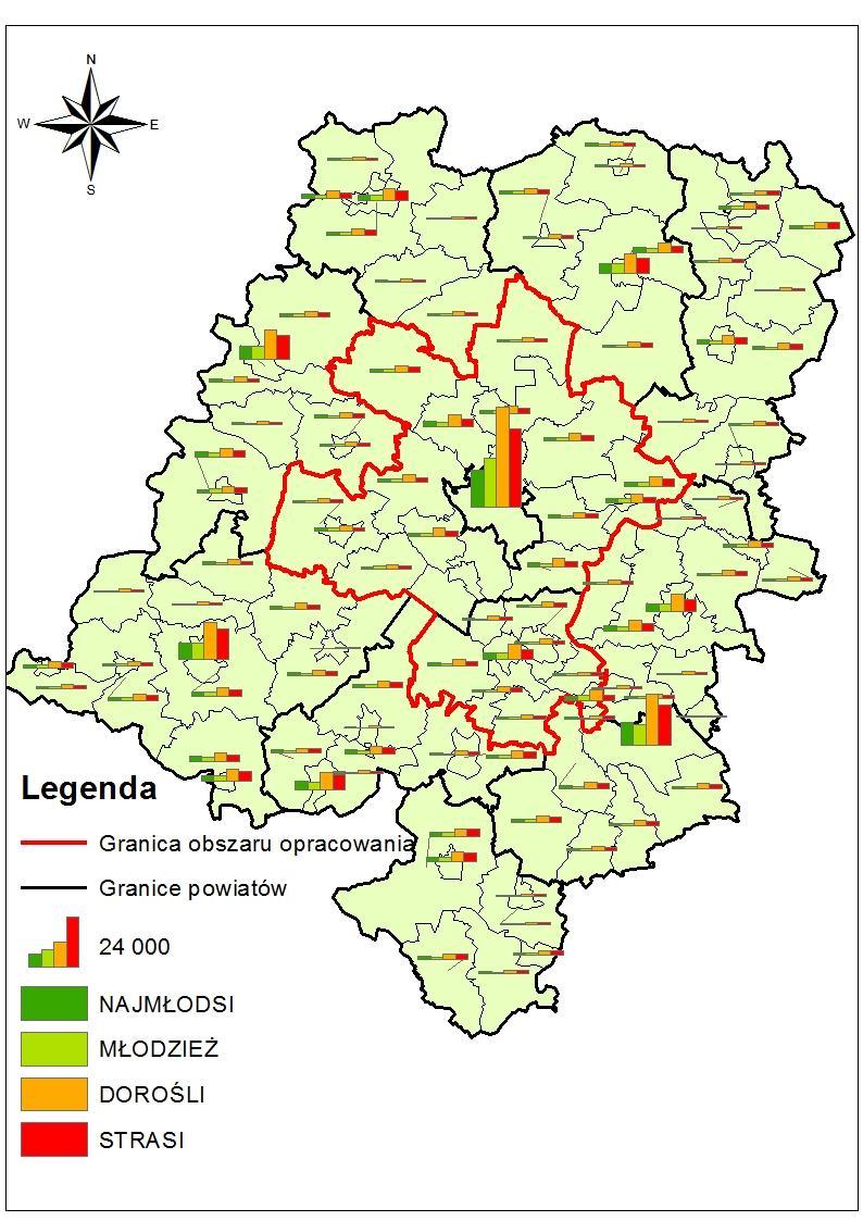 Przedziały wiekowe W miastach powiatowych liczba ludności jest