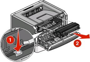Aby wymienić kasetę z tonerem: 1 Otwórz przednie drzwiczki, naciskając przycisk znajdujący się po lewej stronie drukarki i opuszczając drzwiczki.