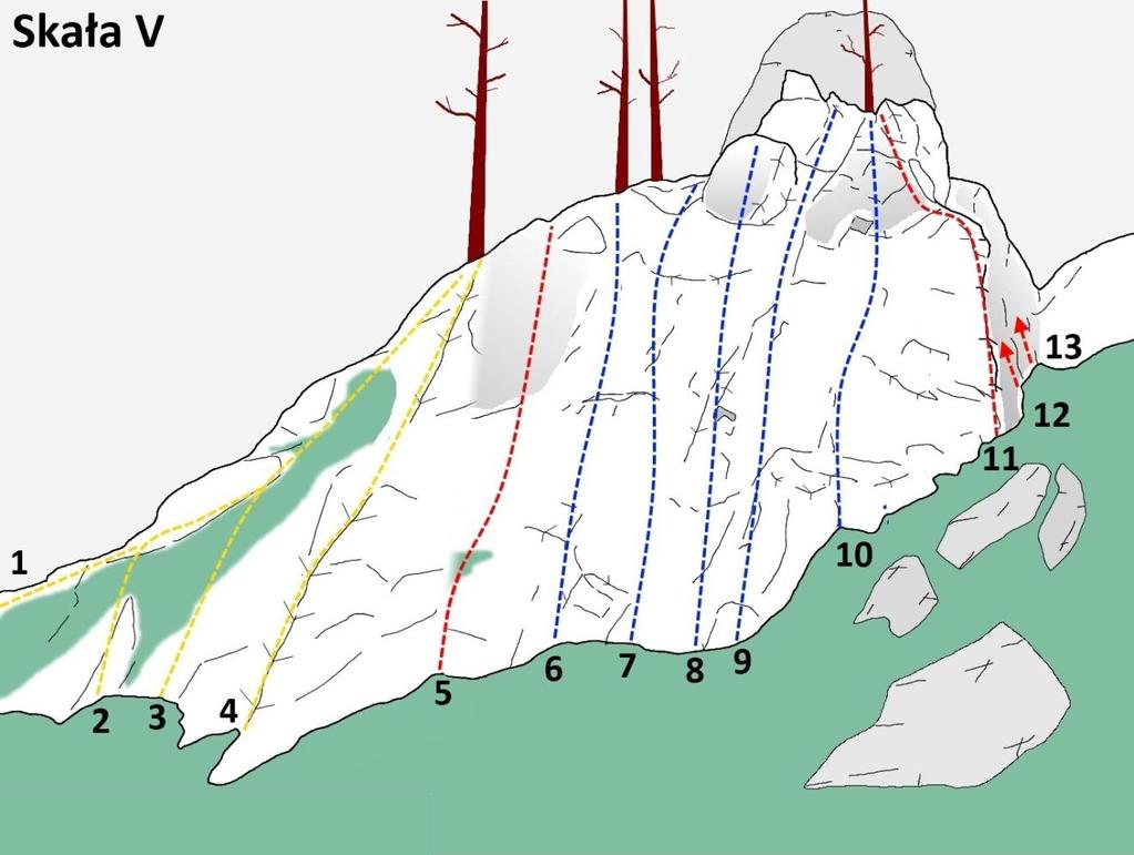 Skała V 1. Super parch I, miejsce M5- (10R + ST), A. Tabisz 2015 2. Skalny parch M4, miejsce M5- (10R + ST), A. Tabisz 2015 3. Zimowy parch M4, miejsce M5- (10R + ST), A.