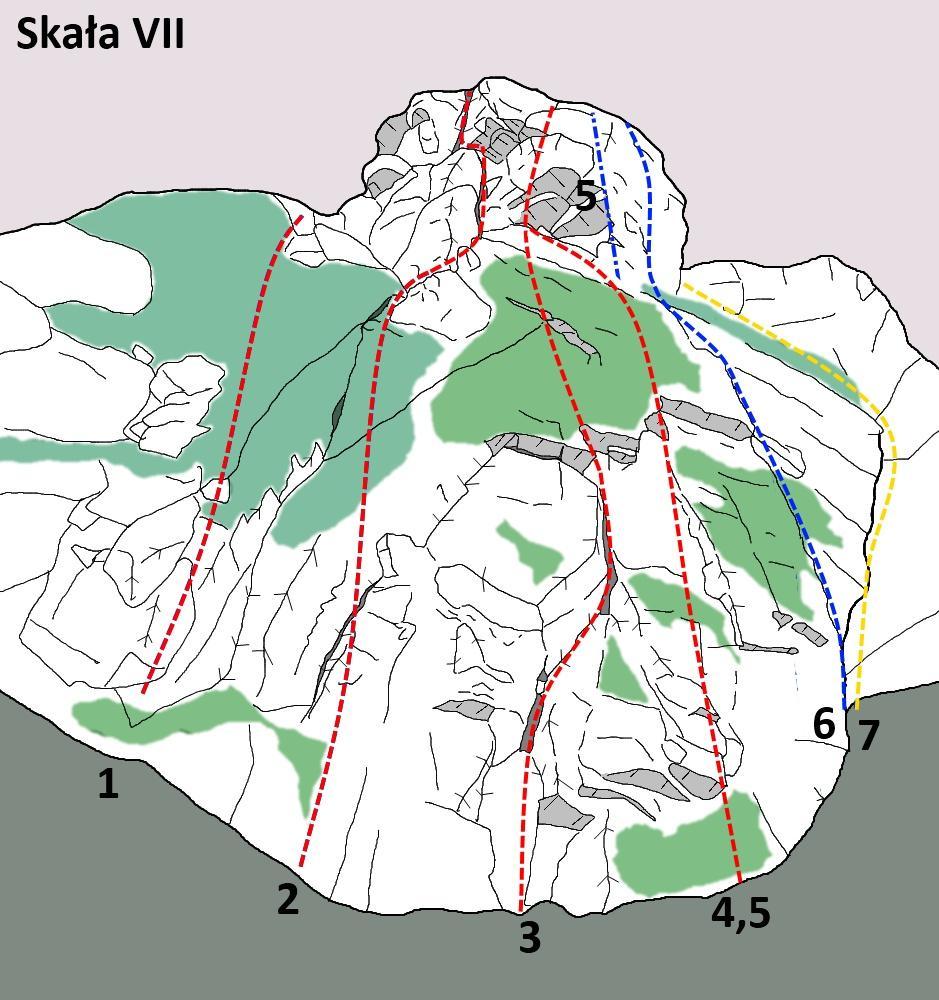 Skała VII 1. Fantazja M4 (TRAD+ST), W. Szeloch 2017 2. Zniżka dla Onyszka M6+ (12R + ST), A. Tabisz 2015 3. Droga Koziara VI+ (12R +ST), J. Koziarek, ok. 2008r., M6+/7-, A. Tabisz 2015 4.