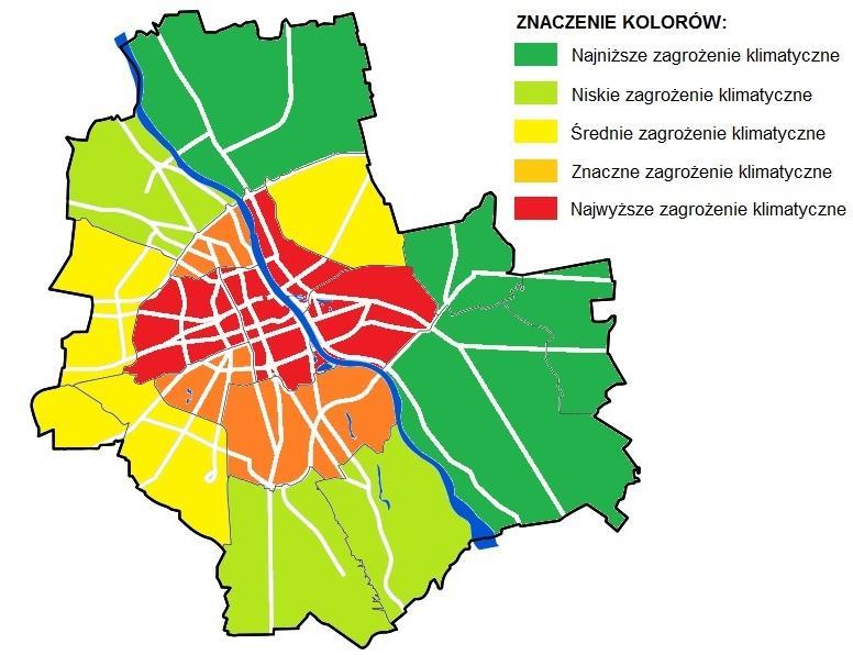 Zróżnicowanie zagrożeń klimatycznych w poszczególnych dzielnicach 194,6 km2 tj. 37,6% pow. Miasta 111,2 km2 tj.