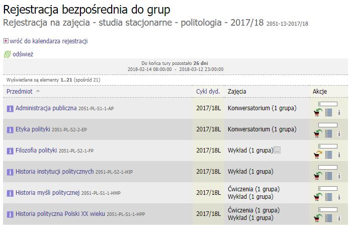 udział w wybranej rejestracji (Rys. 4.). Rysunek 4: Lista przedmiotów dostępnych w rejestracji. Na stronie (Rys.