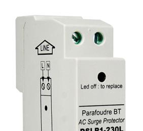 Ograniczniki przepięć z okablowaniem typu 2+3 DSLP1-230L Kompaktowy ogranicznik przepięć typu 2+3 Montaż na szynie DI Okablowanie z zaciskiem śrubowym Optyczny wskaźnik uszkodzeń Aparat uszkodzony -