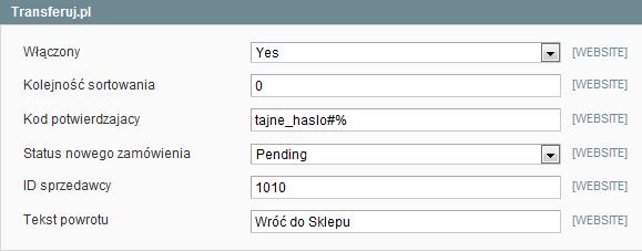 4. Przejdź do zakładki System / Configuration / Sales / Payment Methods i skonfiguruj ustawienia modułu Transferuj, zgodnie z ustawieniami Twojego konta w Panelu Sprzedawcy Transferuj.pl.