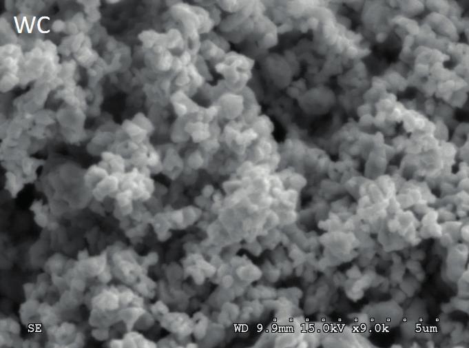 Components used to mixing: a) cbn powder, b) WC powder, c) Co powder; SEM Z otrzymanej mieszaniny proszków wykonano próbki o średnicy 20 mm i wysokości 3 mm.