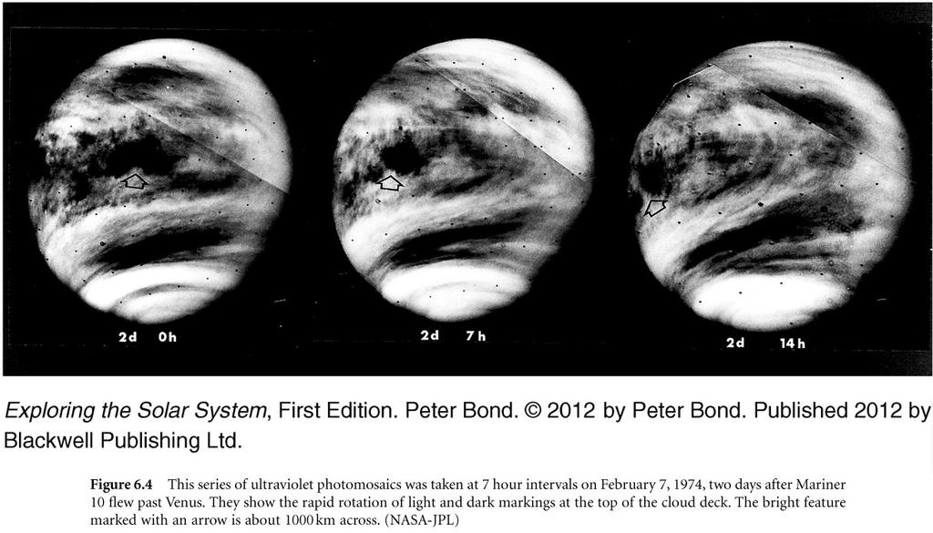 Ewolucja chmur widzianych w ultrafiolecie (Mariner-10, 1974) Silne wiatry (globalne prądy strumieniowe) w górnych warstwach
