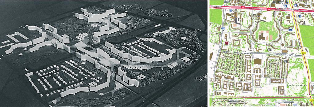 Podatność osiedli wielkopłytowych z drugiej połowy XX wieku we Wrocławiu... 103 Rys. 1. Plan Osiedla Gaj z konkursu (1974 r.) po lewej, (Źródło: 40 lat Miastoprojekt Wrocław: 1949 1989.