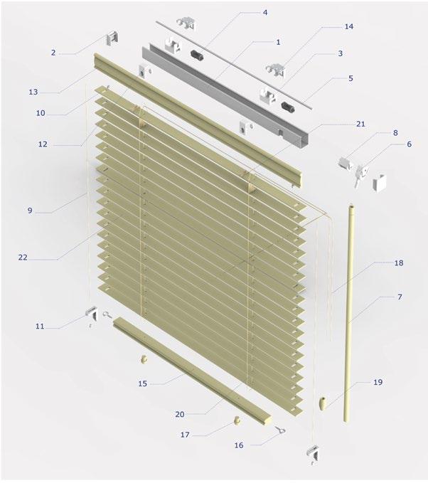 ŻALUZJE POZIOME DREWNIANE 25 MM W standardzie: 1. Rynna górna (25x) 2. Zakończenie rynny górnej 3. Łożysko 4. Zaczep drabinki 9 5. Pręt stalowy 6. Przekładnia ślimakowa 7. Pokrętło 8.