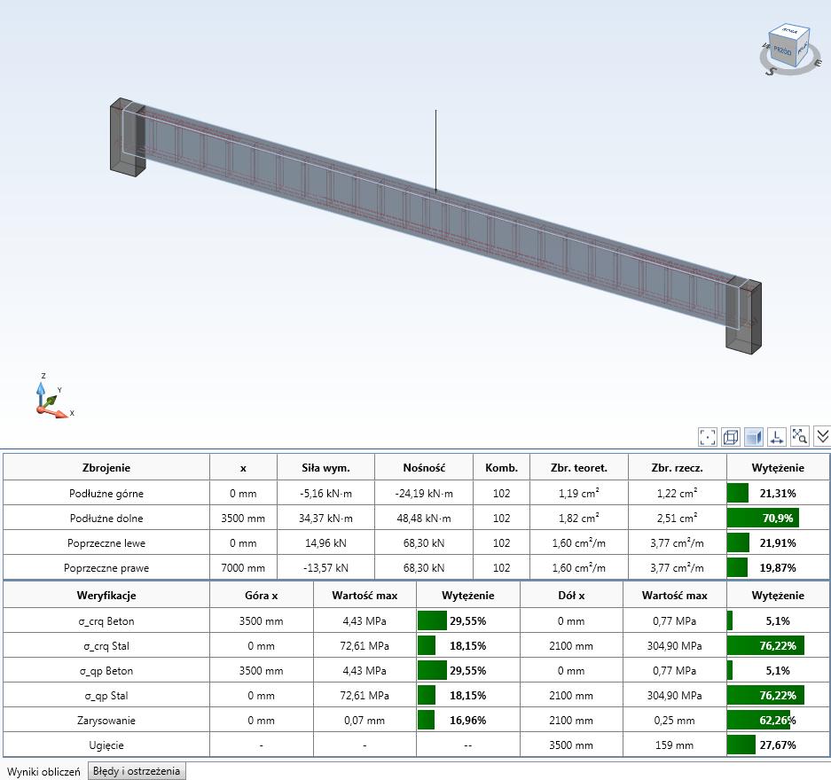 Reinforced Concrete Beam Designer 2017 R2 Panel informacyjny W dolnej części okna z widokiem modelu, po przeprowadzeniu obliczeń prezentowany jest panel informacyjny ze szczegółami przeprowadzonych