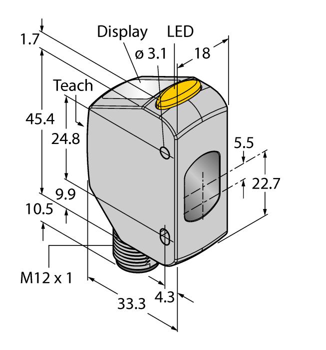 Transmisja danych procesowych oraz parametryzacja za pomocą IO-Link Wyświetlacz LED 4-cyfrowy 7-segmentowy 3 przyciski Wskaźnik wyjściowy (żółty) IP67/69K Certyfikat ECOLAB Zakres detekcji: 35 610 mm