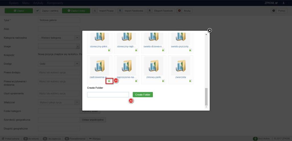 Wchodzimy w dany folder, gdzie chcemy zamieścić galerię. Jeżeli tworzymy nową galerię tworzymy nowy folder (22). Ważne nazwy folderów tworzymy bez polskich znaków, spacji, najlepiej z małych liter np.