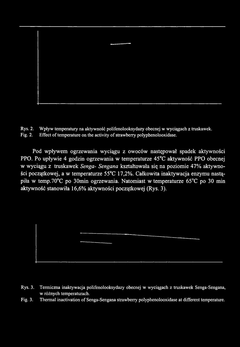 Po upływie 4 godzin ogrzewania w temperaturze 45 C aktywność PPO obecnej w wyciągu z truskawek Senga- Sengana kształtowała się na poziomie 47% aktywności początkowej, a w temperaturze 55 C 17,2%.