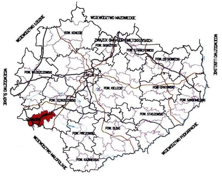 śląskiego, - z gminą Kozłów od południa. Gmina należy do województwa małopolskiego - z gminą Nagłowice od północny wschód.