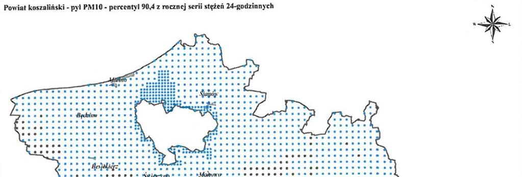Rysunek 10. Rozkład stężeń pyłu zawieszonego PM10 (24-godzinne).na obszarze powiatu koszalińskiego w 2016 r.