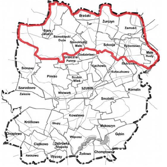 3) zachodnią (Chraplewo, Królikowo, Zalesie, Szaradowo, Słonawy, Retkowo, Ciężkowo, Słupy, Dąbrówka Słupska, Wrzosy), 4) centrum (Wolwark, Szubin Wieś, Łachowo, Pińsko, Grzeczna Panna, Godzimierz,