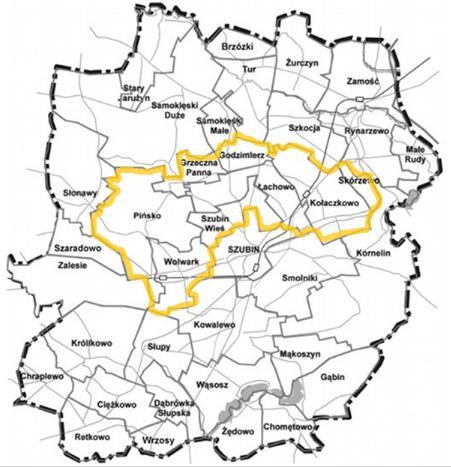 Mapa 6. Położenie sołectw w centralnej części Gminy. Nadkanale Sołectwa położone w centralnej części Gminy Źródło: opracowanie własne na podstawie danych UM w Szubinie.