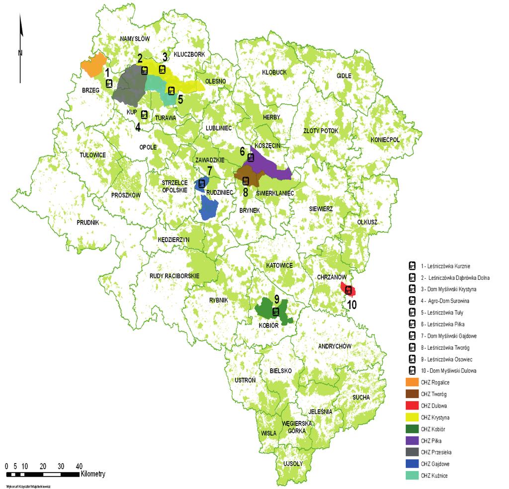 Rozmieszczenie poszczególnych ośrodków hodowli zwierzyny będących w zarządzie RDLP Katowice przedstawia rycina 1. Ryc. 1. Rozmieszczenie OHZ na terenie RDLP w Katowicach (źródło: RDLP w Katowicach) Fig.