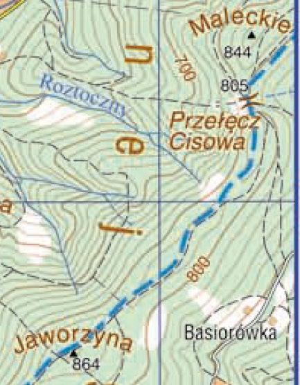 Zapisz wartości wysokości podanych obiektów wraz z jednostkami (m lub m n.p.m.). Wysokość bezwzględna Źródła Maryjnego (B2): 680 m n.p.m. Wysokość względna szczytu wzniesienia Jaworzyna (G6) w stosunku do Przełęczy Cisowej (H5): wys.