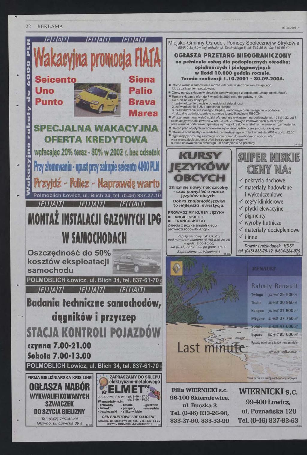22 REKLAMA 1608200 r 'lldsl1llddtl91111df4s MiejskoGminny Ośrodek Pomocy Społecznej w Strykowie Wakacna prołlocja flafa Siena Palio Brava Marea Seicento Uno Punto SPECJALNA WAKACYJNA OFERTA KREDYTOWA