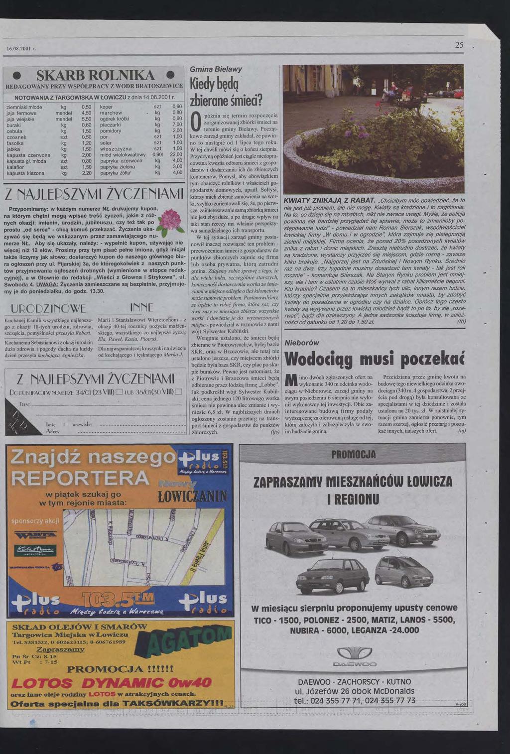 25 16 08200 r SKARB ROLNKA REDAGOWANY PRZY WSPÓLPRACY Z WODRBRATOSZEW CE NOTOWANA Z TARGOWSKA W ŁOW CZU z dnia 14082001 r ziemniaki młode jaja fermowe jaja wiejskie buraki cebula czosnek fasolka