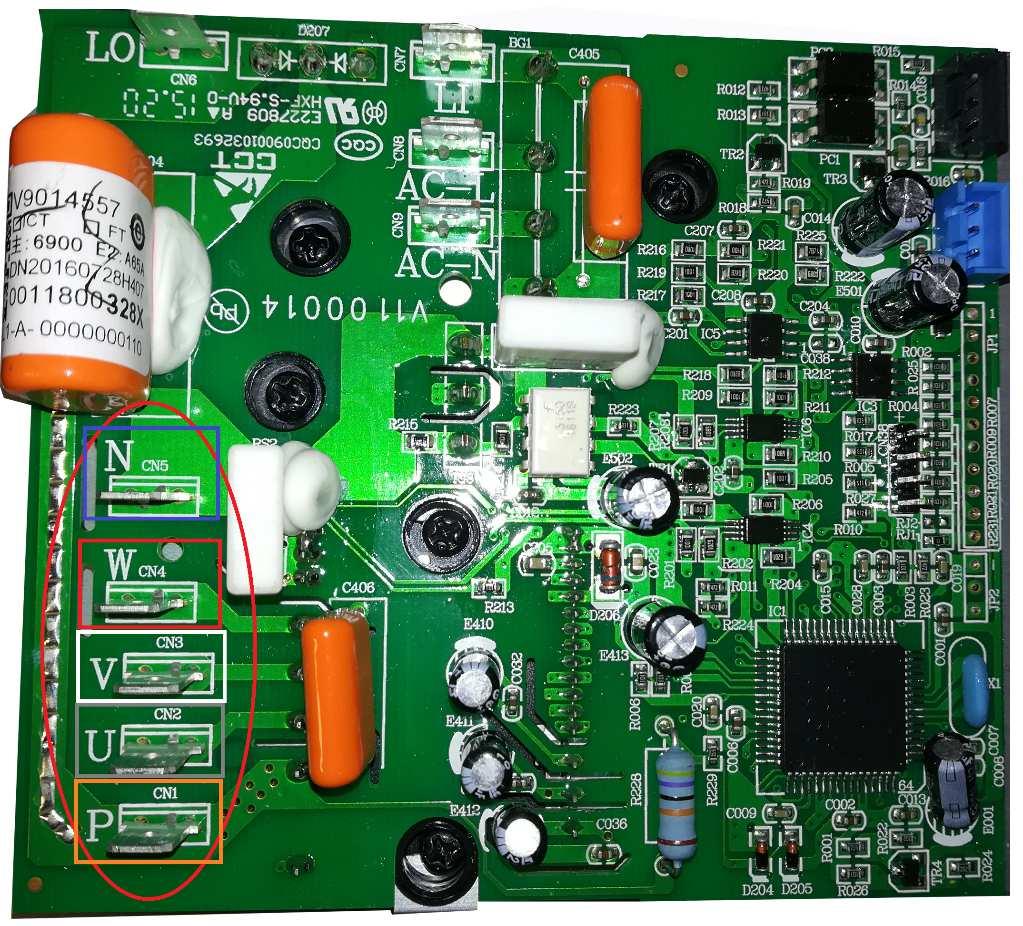 6.2. Inverter sprawdzenie sprawności Moduł IPM (Inteligent Power Module) modele 1U09-24 (R410A), 1U25-71(R32) Punkty pomiaru Pomiar rezystancji [Ω] : Tester czerwony + W V U Tester czarny -