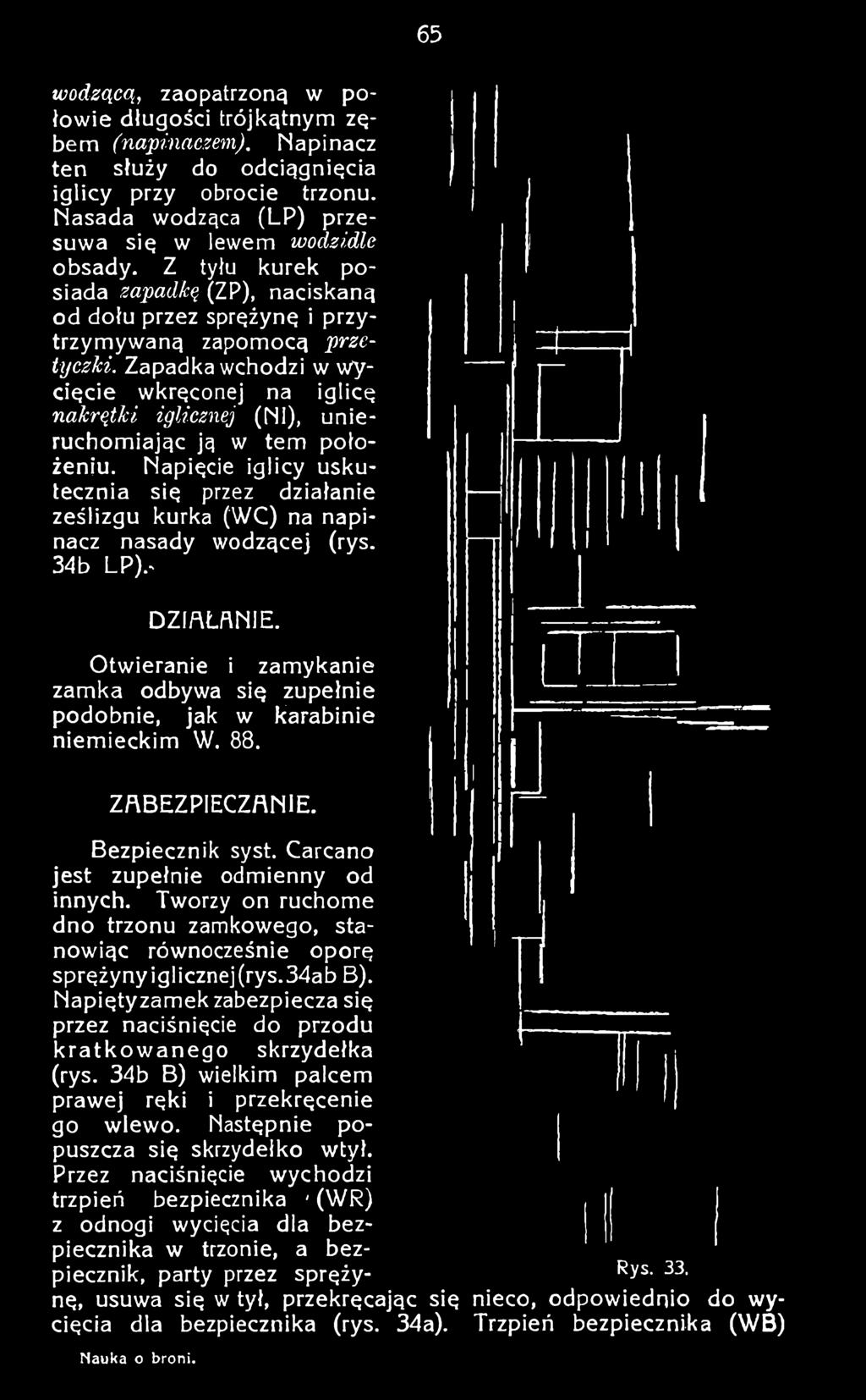 Napięcie iglicy uskutecznia się przez działanie ześlizgu kurka (WC) na napinacz nasady wodzącej (rys. 34b LP).- DZIAŁANIE.