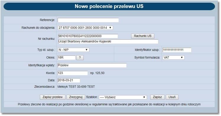 3.3. Tworzenie przelewu US z symbolem formularza VAT 3.3. Tworzenie przelewu US z symbolem formularza VAT Gdy użytkownik posiada przynajmniej jeden rachunek bieżący powiązany z rachunkiem VAT i po