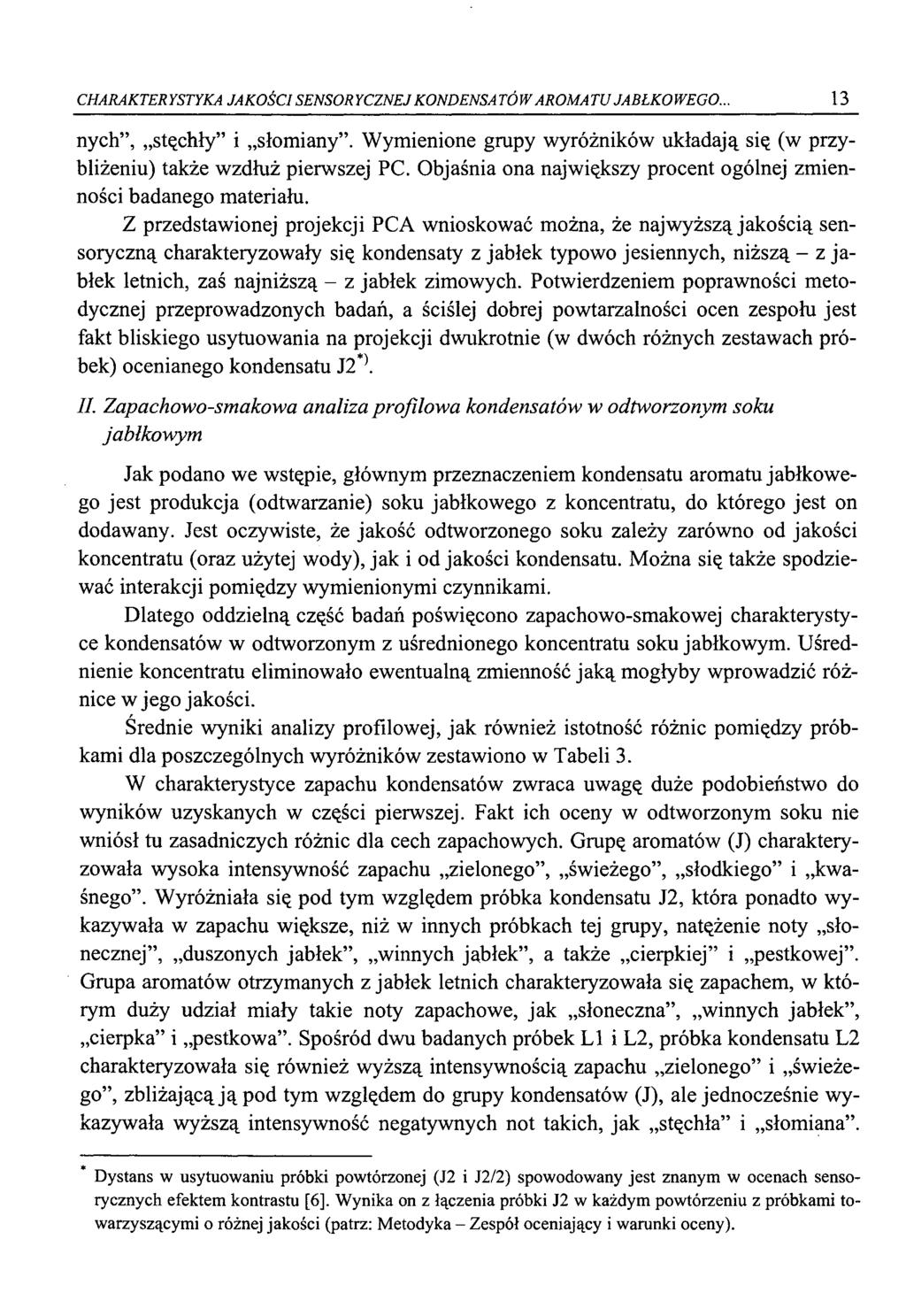 CHARAKTERYSTYKA JAKOŚCI SENSORYCZNEJ KONDENSATÓW AROMATU JABŁKOWEGO... 13 nych, stęchły i słmiany. Wymienine grupy wyróżników układają się (w przybliżeniu) także wzdłuż pierwszej PC.
