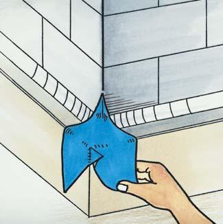 Dopasować w narożniku wewnętrznym i przykleić ściągając etapami papier ochronny. Silnie docisnąć za pomocą wałka gumowego.