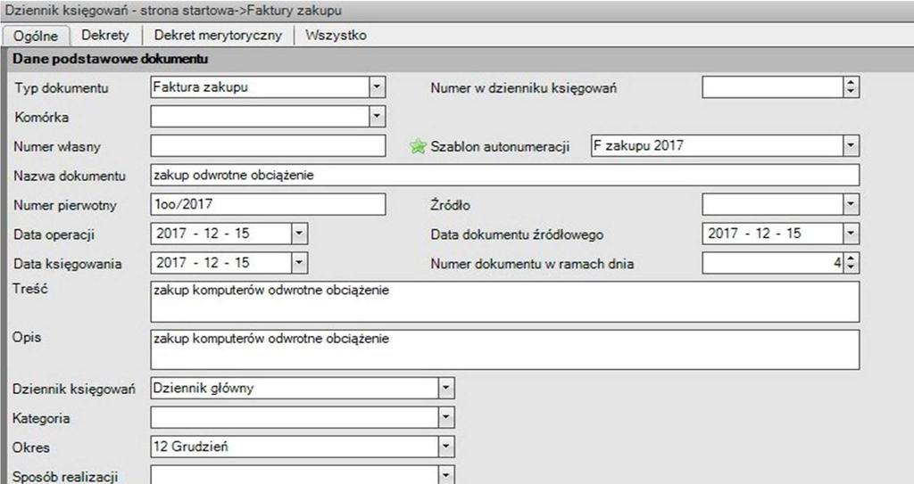 Faktury zakupu Otrzymana faktura zakupu w procedurze odwrotnego obciążenia obliguje odbiorcę do odprowadzenia należnego podatku VAT z tej faktury, ale jednocześnie odbiorca może