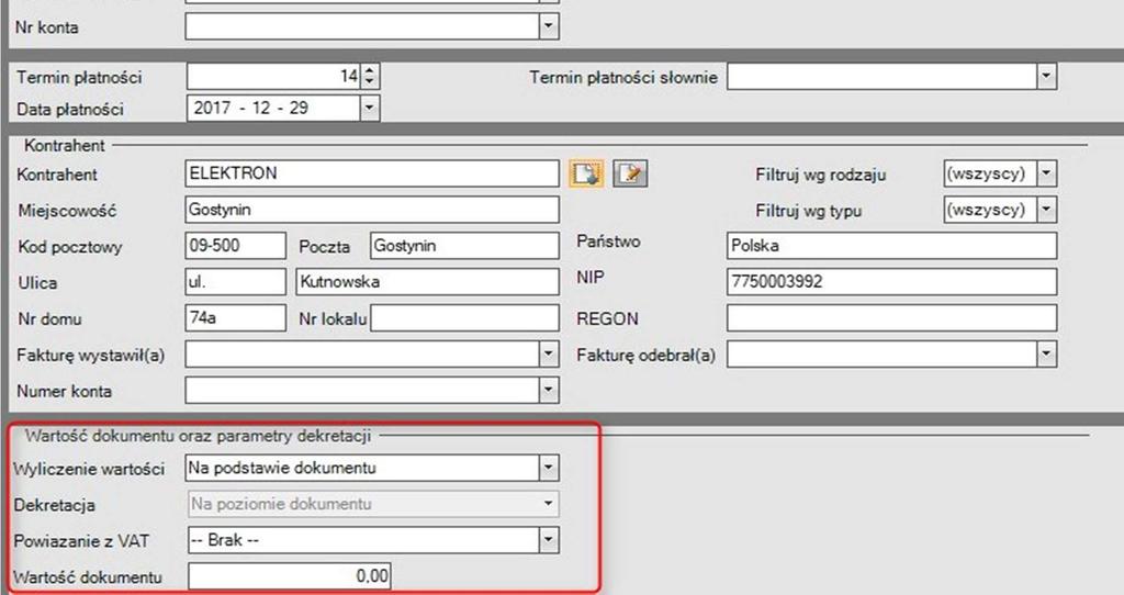 KROK 1 OBLIGATORYJNY Zaksięgowanie faktury zakupowej OO 1. Dziennik księgowań Faktury zakupu 2. Dodaj. Otwiera się okno główne.