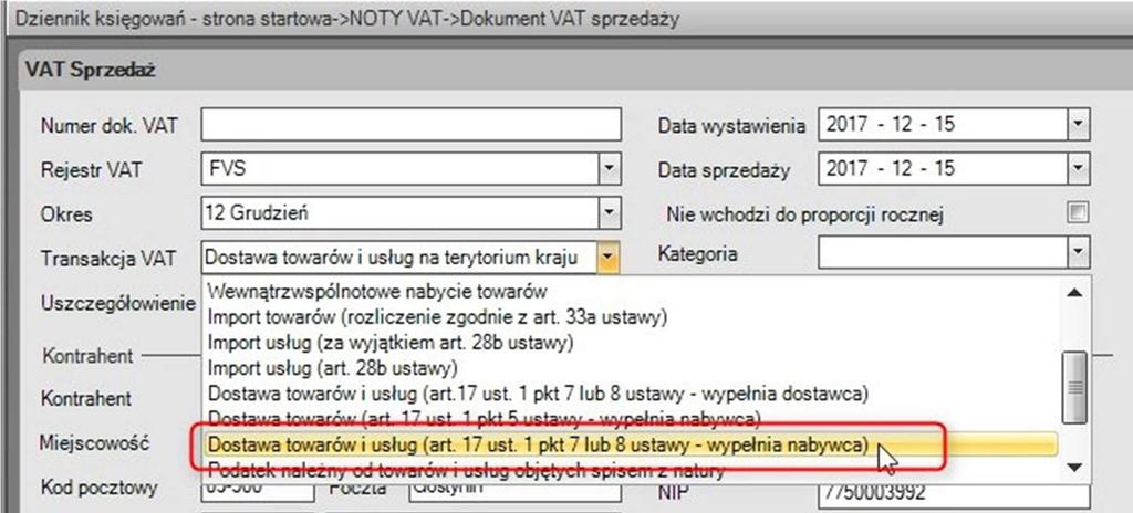 Na zakładce VAT przechodzimy do Dokumentu VAT gdzie w polu Transakcja VAT