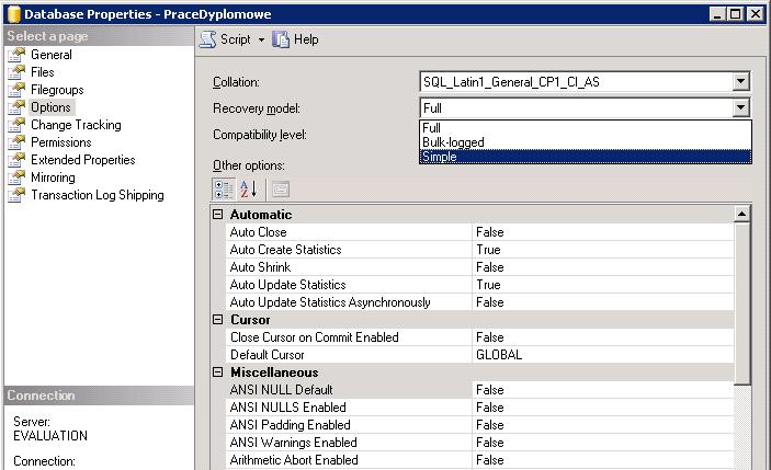 bazy danych menu kontekstowego wybierz Properties. W oknie Database Properties - PraceDyplomowe kliknij po lewej stronie opcję Options. Zmień ustawienie opcji Recovery model na Simple. Rys.