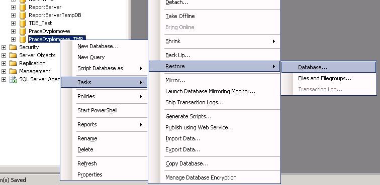 Kliknij prawym przyciskiem myszki nazwę nowej bazy danych. Z menu wybierz opcję Tasks -> Restore -> Database. Rys.