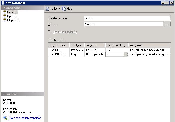 Rys. 3 Właściwości przykładowej bazy danych w SQL Server 2008 W praktyce należy pamiętać o takim ustawieniu rozmiaru początkowego plików, by znalazło się w nich miejsce na nowe dane.