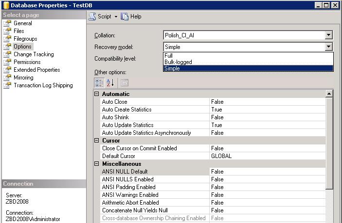 Rys. 4 Opcje przykładowej bazy danych w SQL Server 2008 Ustawienia opcji bazy danych zmieniają się w trakcie działania bazy. Zmiany dokonywane są przy pomocy narzędzi graficznych (np.