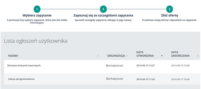 3.4.1 Przystępowanie do zapytania Lista ogłoszeń Należy wybrać w menu pozycję dostępnych ogłoszeń.