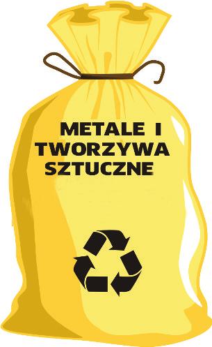 Worek/pojemnik w kolorze żółtym z napisem METALE I TWORZYWA SZTUCZNE Do worka/pojemnika z napisem METALE I TWORZYWA SZTUCZNE należy wrzucać: butelki plastikowe, nakrętki, kapsle i zakrętki od