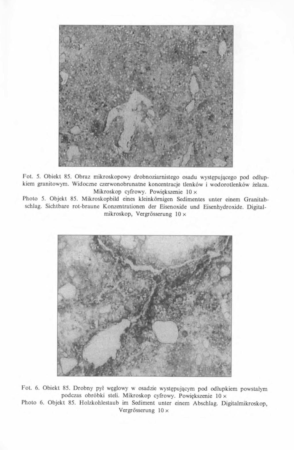 Fot. 5. Obiekt 85. Obraz mikroskopowy drobnoziarnistego osadu występującego pod odłupkiem granitowym. Widoczne czerwonobrunatne koncentracje tlenków i wodorotlenków żelaza. M ikroskop cyfrowy.