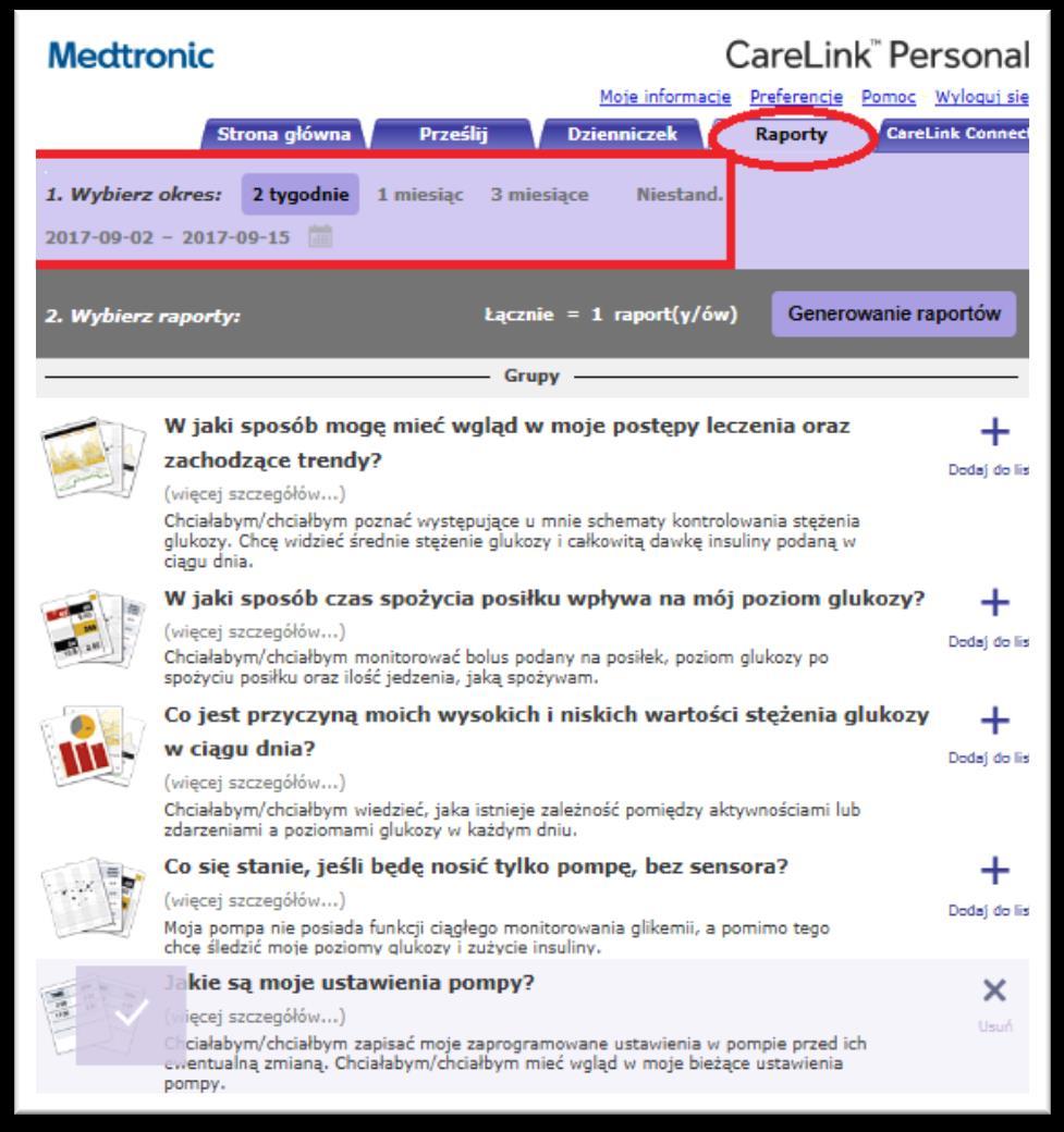 Generowanie raportów CareLink Personal 1. Wybierz zakres dat.