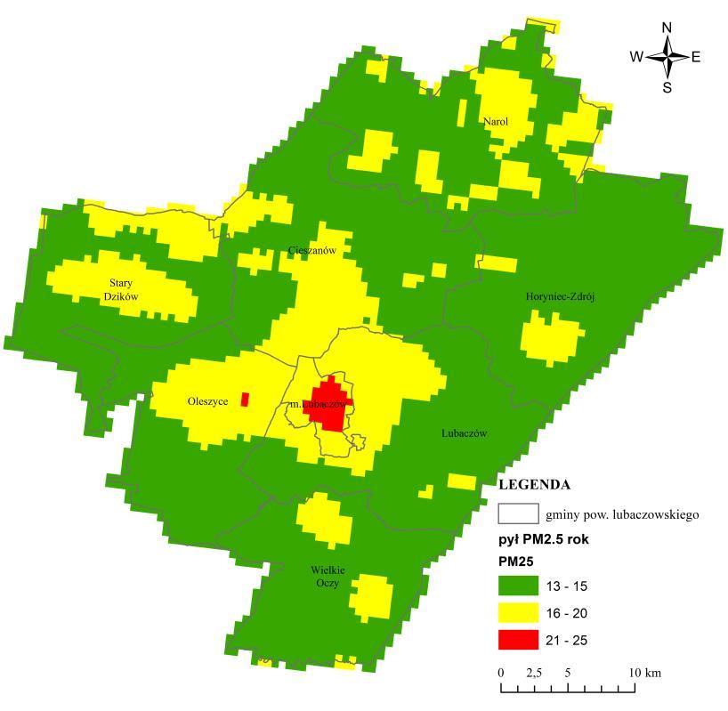 Rys.2.7. Wartość 36 max. ze stężeń dobowych pyłu PM10 w powiecie lubaczowskim w 2016 r. wyniki modelowania [7] Wyniki modelowania zanieczyszczenia powietrza pyłem zawieszonym PM2.