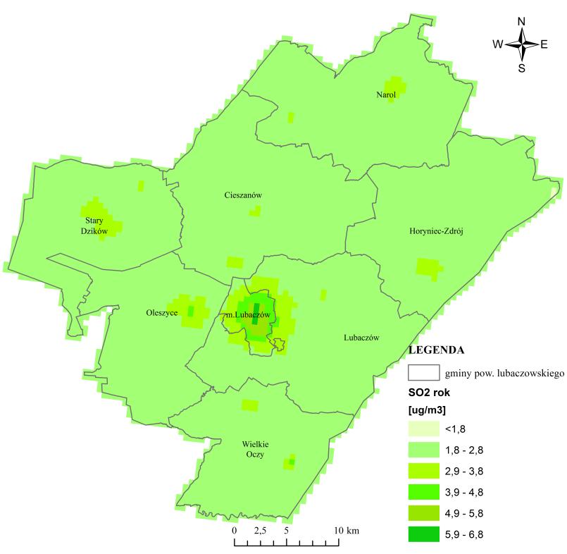 Rys.2.3. Rozkład stężeń średniorocznych dwutlenku siarki w powiecie lubaczowskim w 2016 r.