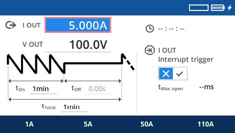 Przykład: Test zabezpieczeń nadprądowych QUICK Konfiguracja testu QUICK Ustaw zakres pomiarowy do 0 A lub 50 V AC i wybierz jedno z licznych kryteriów wyzwalania, takich jak określony stan wejść