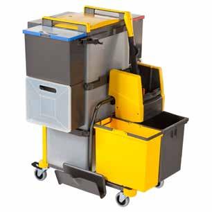 SHOPSTER TOOLS WÓZKI DO SPRZĄTANIA Shopster Twix-Press Shopster Twix-Press z prasą płaską F1 umożliwia bezdotykowe wyżymanie mopa. We wsuwanym pojemniku jest wystarczająco dużo miejsca na czyste mopy.