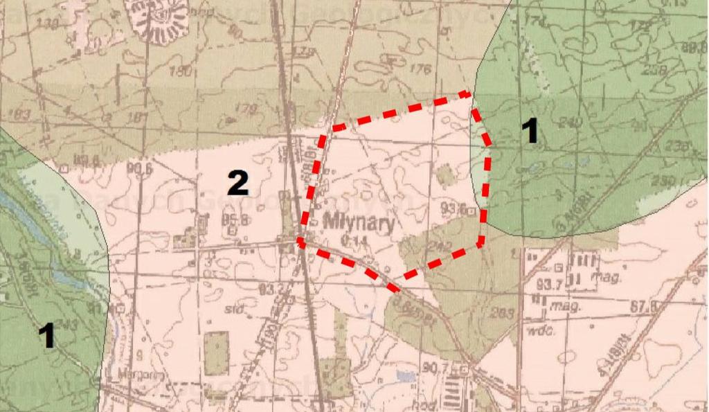 Objaśnienia: 1 gliny zwałowe, ich zwietrzeliny oraz piaski i żwiry lodowcowe 2 piaski i żwiry sandrowe Ryc. 3. Rejon miejscowości Młynary na tle mapy geologicznej Polski w skali 1:50000.