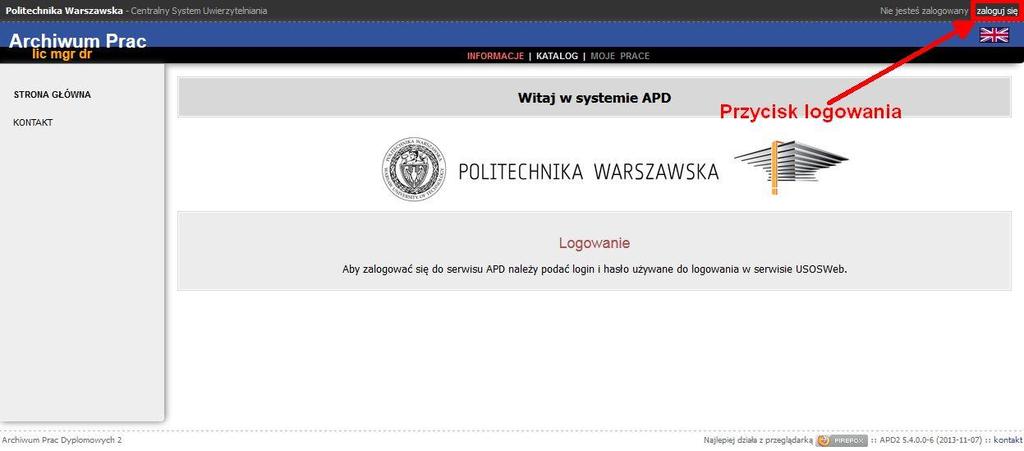 3. Logowanie do systemu Aby skorzystać z systemu APD należy wejść na stronę https://apd.pw.edu.pl.