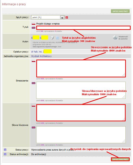 polskim i angielskim i zapisać klikając przycisk ZAPISZ DANE PRACY (Rys.6). UWAGA!