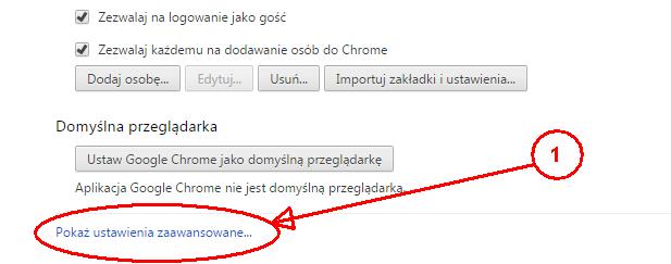 Rysunek 30-4 Ustawienia zaawansowane w Google Chrome. Następnie należy znaleźć i nacisnąć przycisk Wyczyść dane przeglądania (Rysunek 30-5 oznaczenie 1).